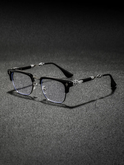 Men's New Metal Half Frame Glasses, High-End Luxury Classic Retro Texture Engraved Eyewear
