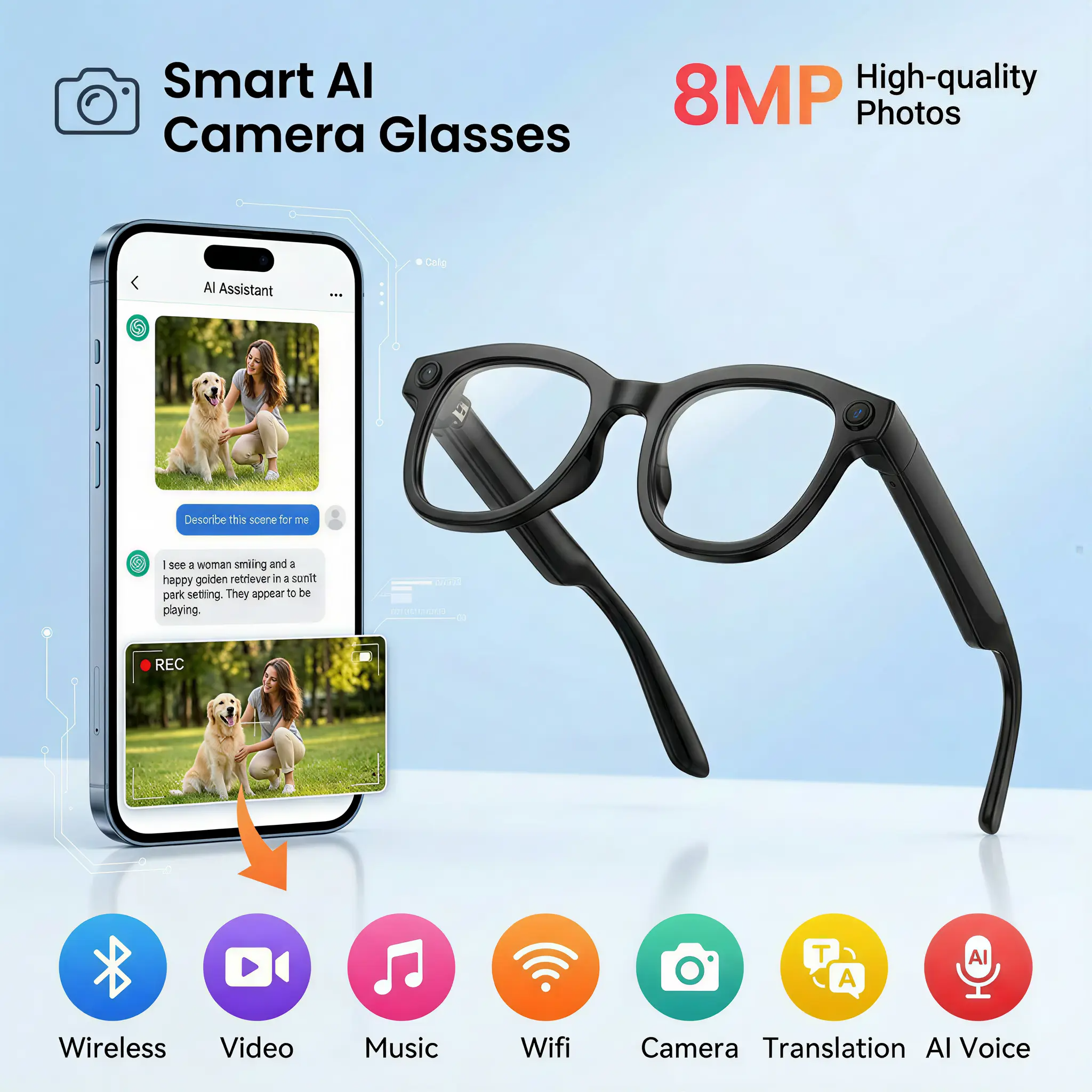 1Pcs AI Smart Camera Glasses POV Video Recording & 160+ Languages Real-Time Translation Bluetooth Audio Sunglasses – Hands-Free Vlogging Wearable for Travel Outdoor Content Creator Gift