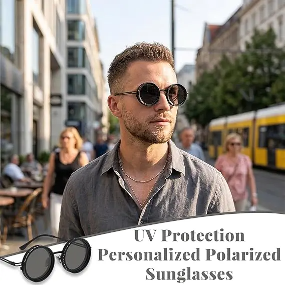 Men's Unisex Black Round Polarized Sunglasses - UV400 UV-Protection Lens, Retro Steampunk Style