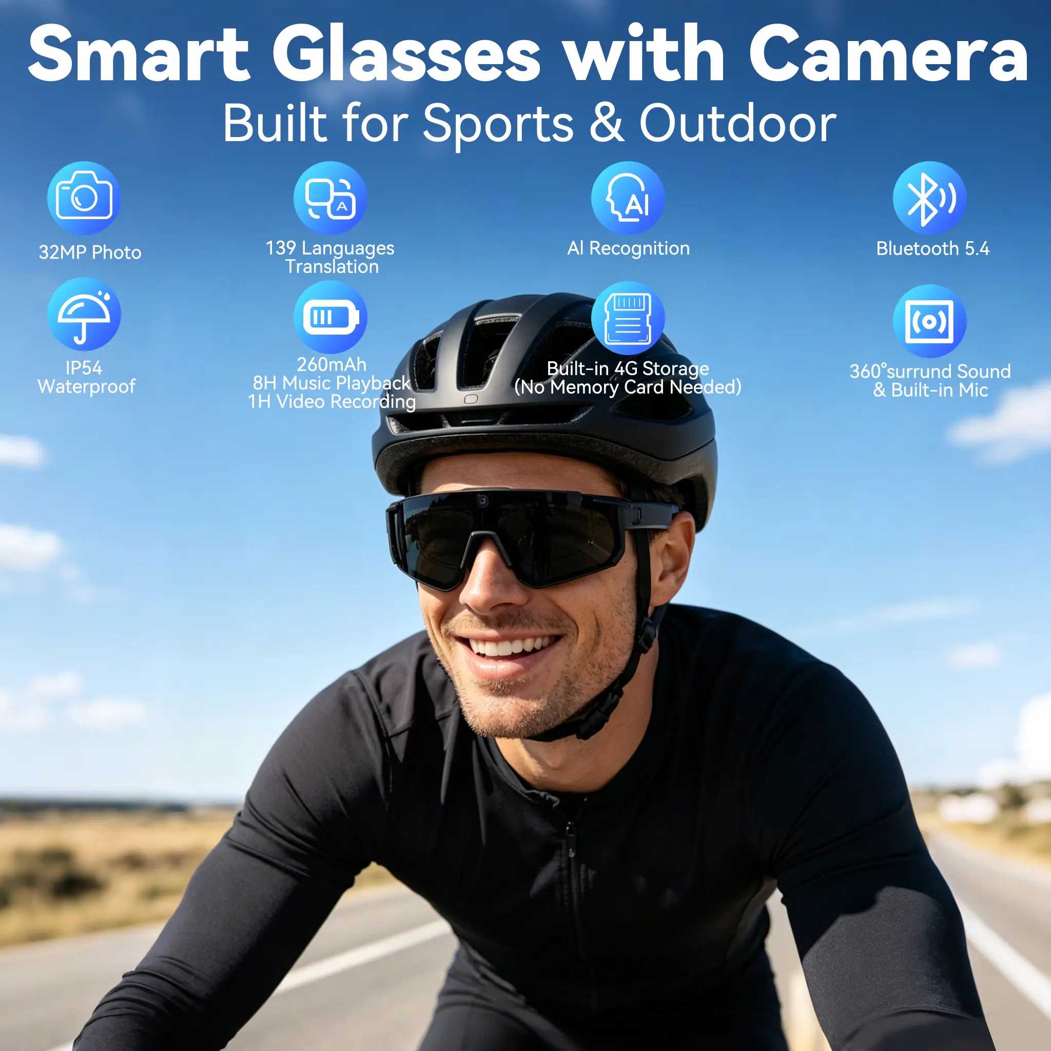 1Pcs New AI Smart Sport Sunglasses with HD 32MP Camera, 1200P Video Recording, AI Assistant (ChatGPT) & Real-Time Translation, Voice Control, Bluetooth 5.4 & WiFi – Ideal for Cycling, Golf, Running & Driving