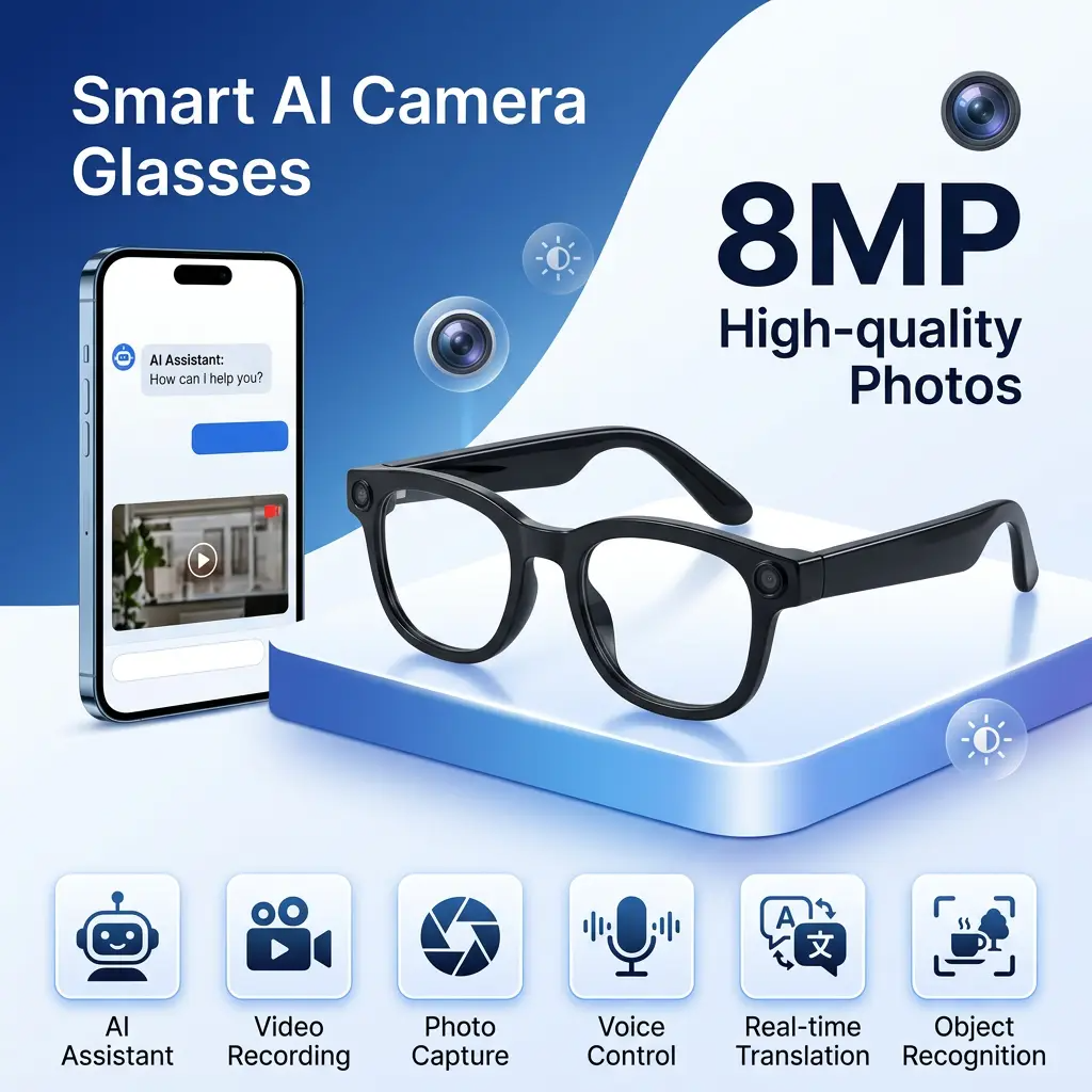 1Pcs AI Smart Camera Glasses POV Video Recording & 160+ Languages Real-Time Translation Bluetooth Audio Sunglasses – Hands-Free Vlogging Wearable for Travel Outdoor Content Creator Gift