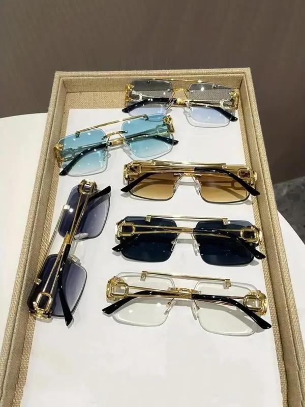 Men's 6-Pair Metal Rimless Sleek Rectangular Trendy Sunglasses - PC Gradient Lenses