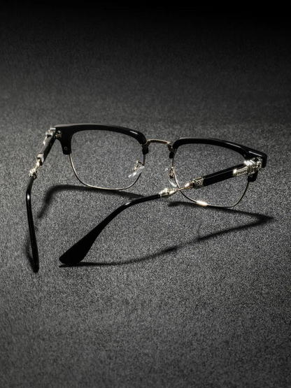 Men's New Metal Half Frame Glasses, High-End Luxury Classic Retro Texture Engraved Eyewear