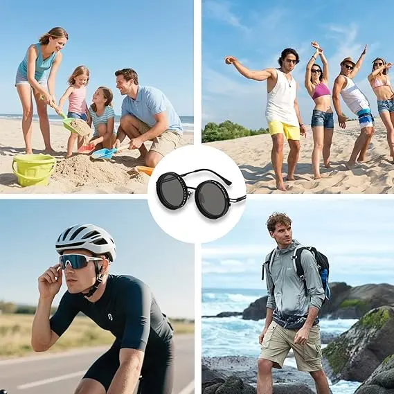 Men's Unisex Black Round Polarized Sunglasses - UV400 UV-Protection Lens, Retro Steampunk Style