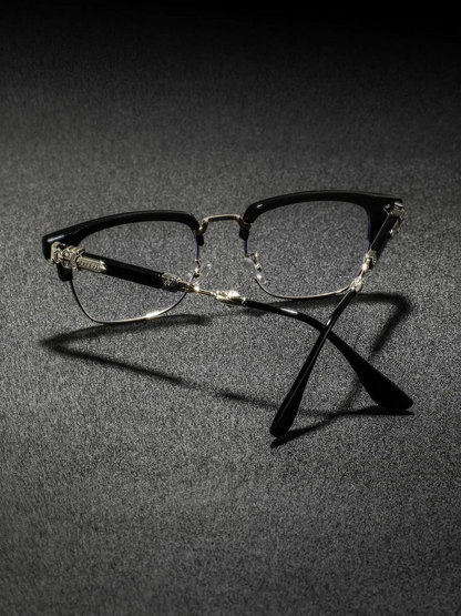 Men's New Metal Half Frame Glasses, High-End Luxury Classic Retro Texture Engraved Eyewear