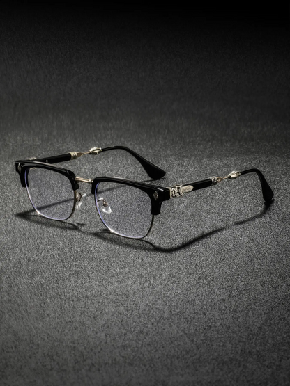 Men's New Metal Half Frame Glasses, High-End Luxury Classic Retro Texture Engraved Eyewear