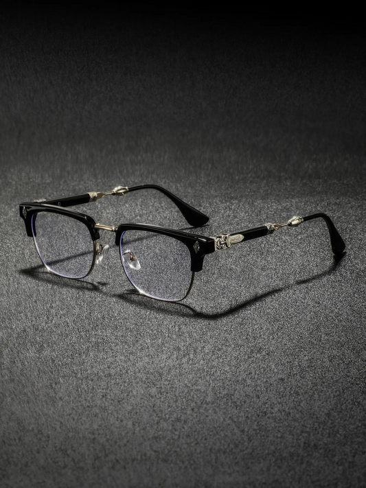 Men's New Metal Half Frame Glasses, High-End Luxury Classic Retro Texture Engraved Eyewear