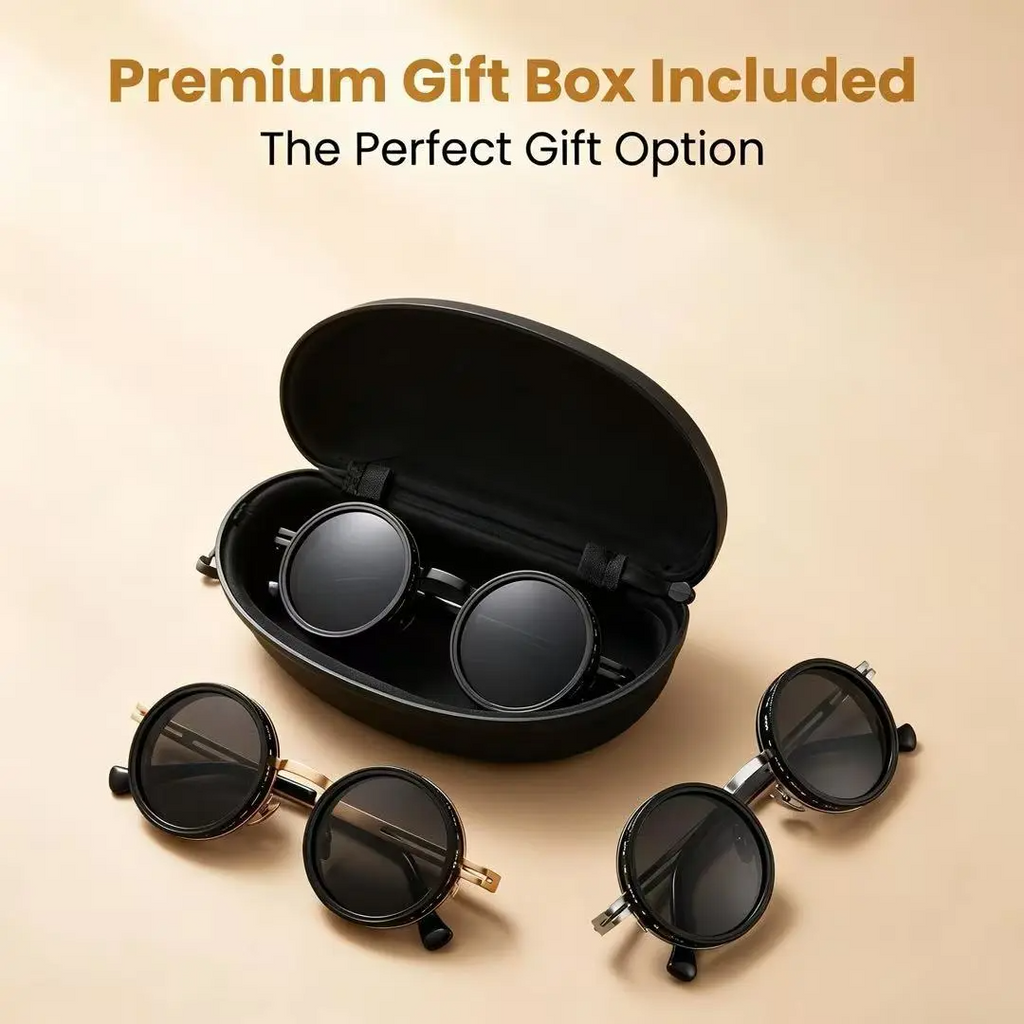 Men's Unisex Black Round Polarized Sunglasses - UV400 UV-Protection Lens, Retro Steampunk Style