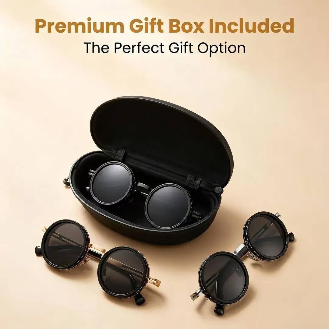 Men's Unisex Black Round Polarized Sunglasses - UV400 UV-Protection Lens, Retro Steampunk Style