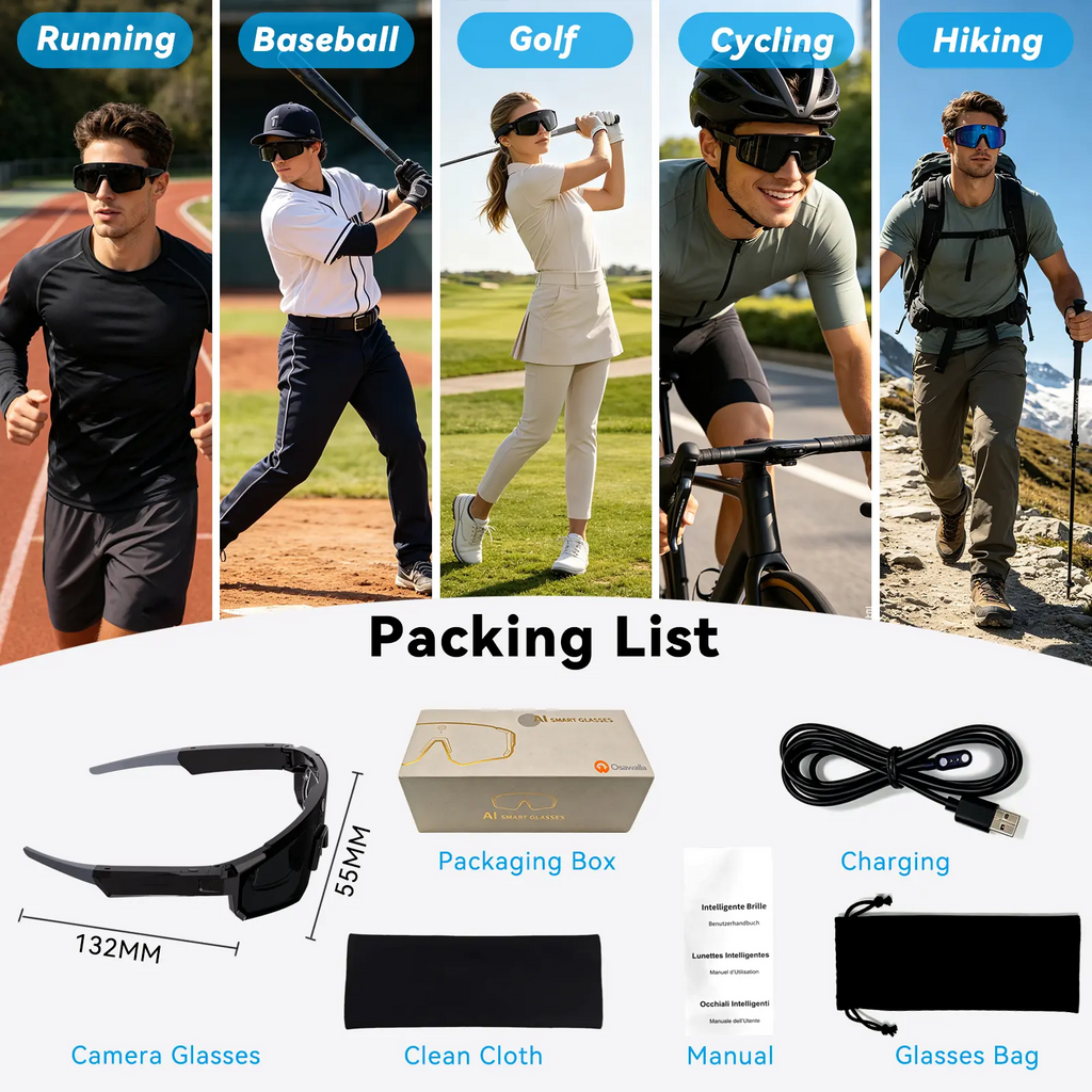 1Pcs New AI Smart Sport Sunglasses with HD 32MP Camera, 1200P Video Recording, AI Assistant (ChatGPT) & Real-Time Translation, Voice Control, Bluetooth 5.4 & WiFi – Ideal for Cycling, Golf, Running & Driving