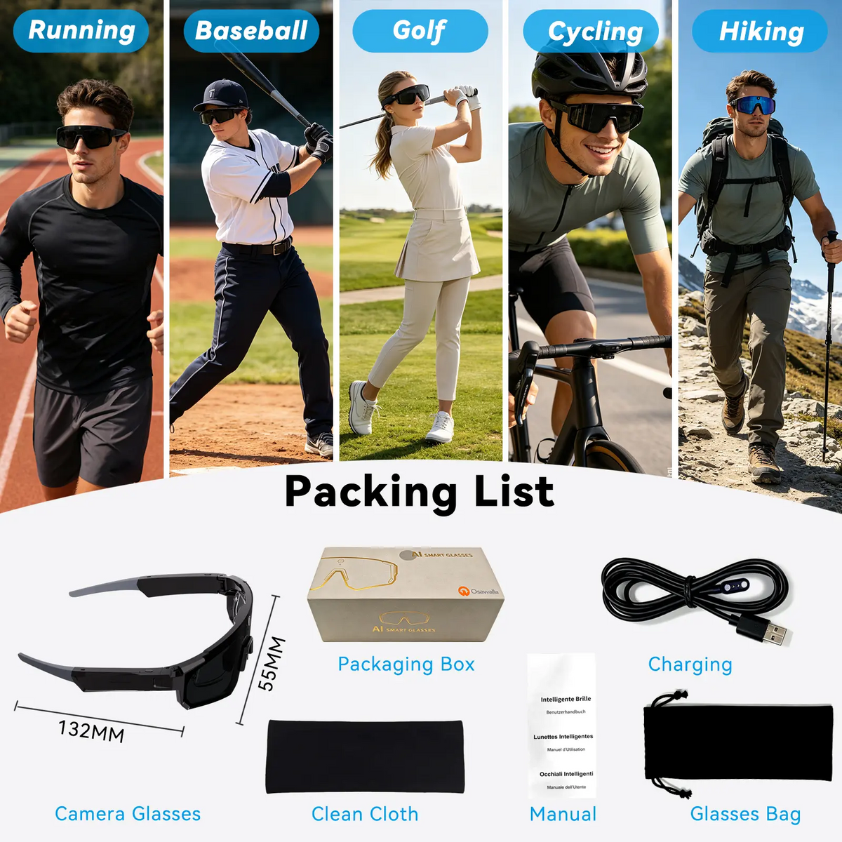 1Pcs New AI Smart Sport Sunglasses with HD 32MP Camera, 1200P Video Recording, AI Assistant (ChatGPT) & Real-Time Translation, Voice Control, Bluetooth 5.4 & WiFi – Ideal for Cycling, Golf, Running & Driving